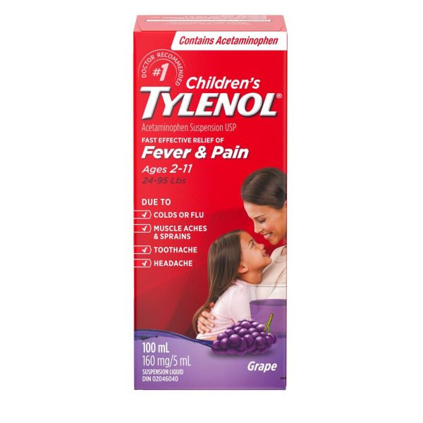 Tylenol Children's Medicine, Relief of fever & pain ages 2-11, Grape Suspension liquid, Acetaminophen 160mg/5mL, 100mL-100