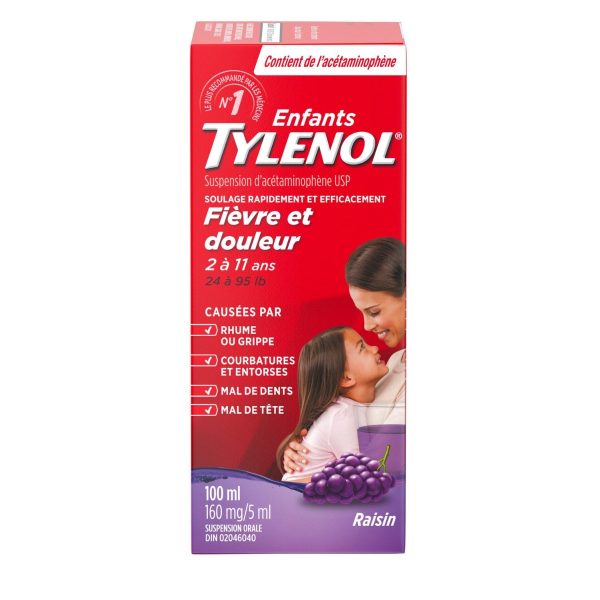 Tylenol Children's Medicine, Relief of fever & pain ages 2-11, Grape Suspension liquid, Acetaminophen 160mg/5mL, 100mL-0
