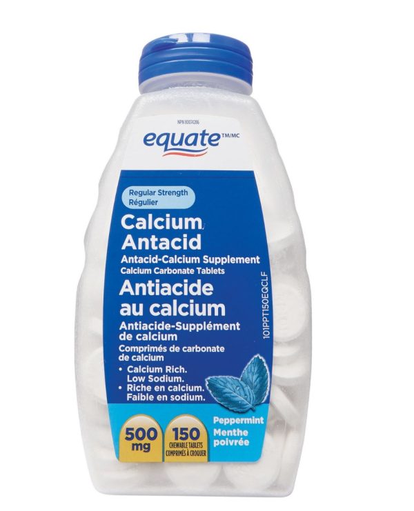 Equate Regular Strength Calcium Antacid, Peppermint 500mg| 150 CHEWABLE TABLETS-0