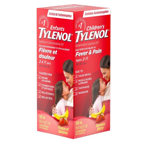 Tylenol Children's Medicine, Relief of fever & pain ages 2-11, Banana Berry Suspension liquid, Acetaminophen 160mg/5mL, 100mL-95