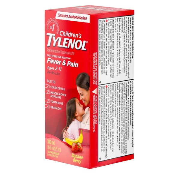 Tylenol Children's Medicine, Relief of fever & pain ages 2-11, Banana Berry Suspension liquid, Acetaminophen 160mg/5mL, 100mL-96