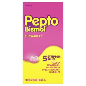 Pepto Bismol Chewable Tablets for Nausea, Heartburn, Indigestion, Upset Stomach, and Diarrhea Relief, Original Flavor| 24 Chewables Tablets-0